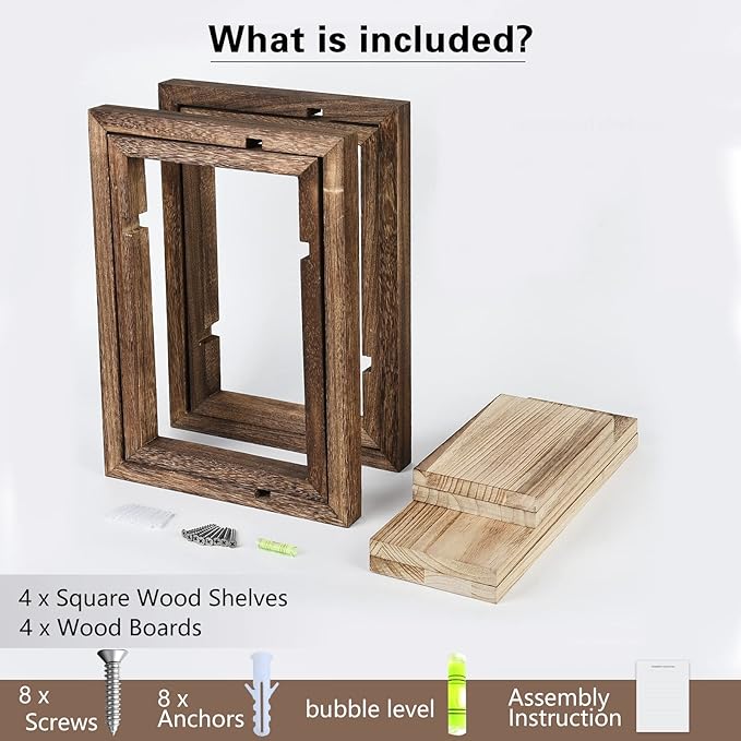 idee-home Floating Shelves for Wall, Rustic Square Hanging Floating Shelves Set of 4 Wood, Wall Decor Mounted Bathroom, Living Room, Kitchen Storage