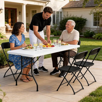 6 Pack Black Plastic Folding Chairs, Outdoor Portable Folding Chair with Steel Frame, 350lbs Capacity Stackable Foldable Chairs for Patio, Garden, Picnic, Kitchen, Events