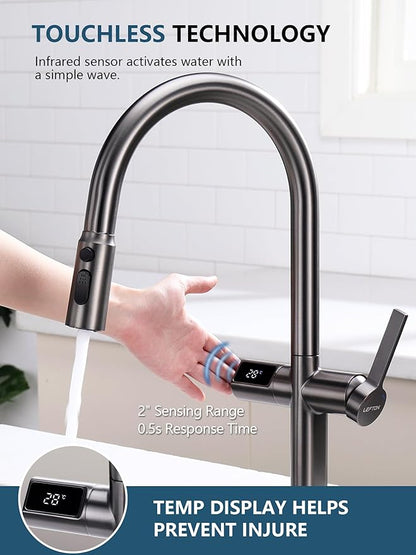 Lefton Touchless Pull-Out Kitchen Faucet, Hands Free Motion Sensor Activated, Battery-Free Temperature Display, KF2206 (Contemporary, Grey)