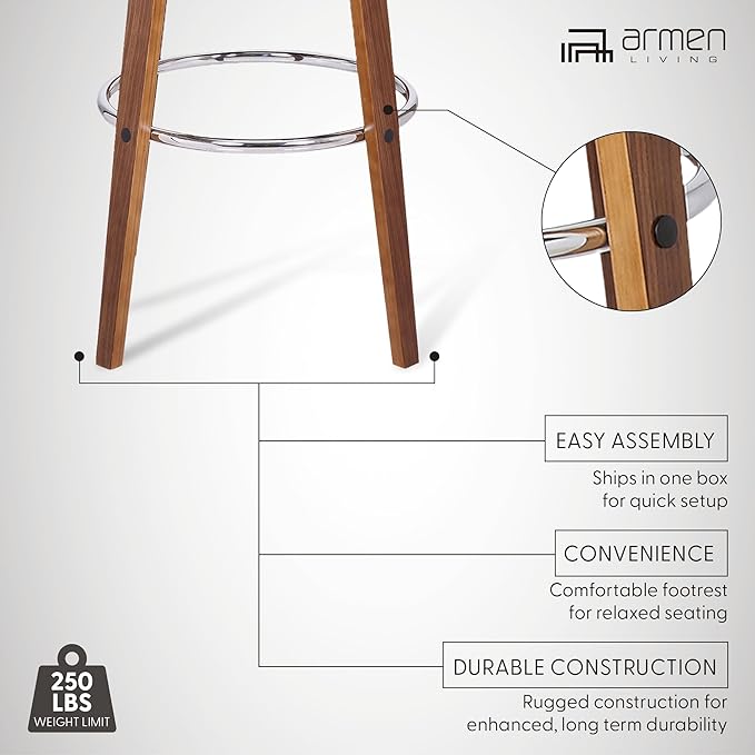 Armen Living Shelly 30" Bar Height Swivel Cream Faux Leather and Walnut Wood Bar Stool - Set of 4
