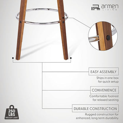 Armen Living Shelly 30" Bar Height Swivel Cream Faux Leather and Walnut Wood Bar Stool - Set of 4