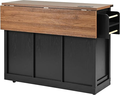 YOPTO Farmhouse Kitchen Island Cart With Power Outlet & 2 Sliding Barn Doors, Rolling Storage Island W/Drop Leaf Spice Rack and 5 Universal Wheels, for Home and Dining Room, Black, 53.7"