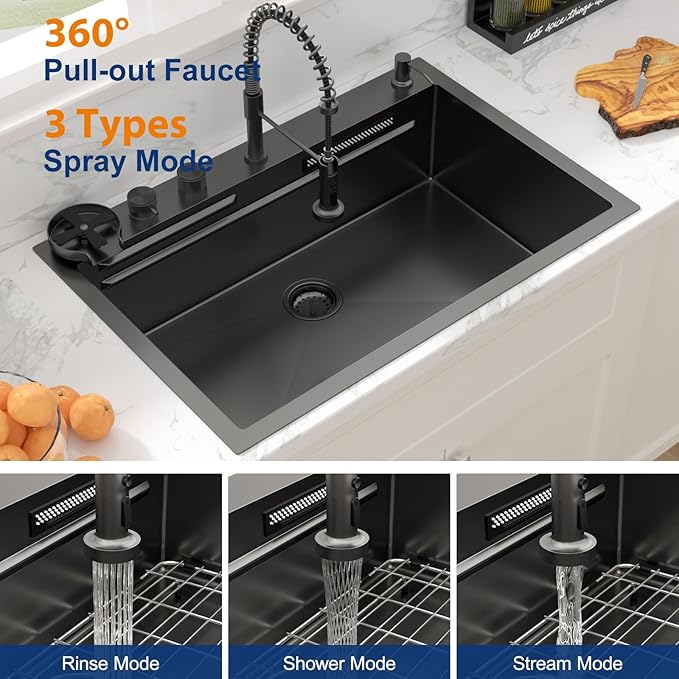 Sarlai Black Waterfall Drop Kitchen Sink 33 Inch Drop In Workstation Kitchen Sink Topmount 16 Gauge Stainless Steel 33x22 Inch Single Bowl Multifuction Workstation Top Mount Sinks with Double Knob