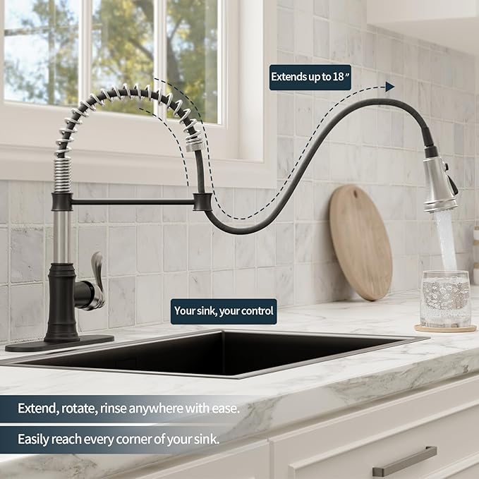BWE Kitchen Faucet with Pull Down Sprayer, 3 Function High Arc Farmhouse Commercial Bar Sink Faucet, Black and Brushed Nickel Kitchen Sink Faucets