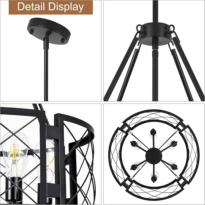 Sigaitwei 6-Light Farmhouse Chandelier Rustic Black Chandelier for Dining Room,Adjustable Pendant Light,Drum Chandelier for Kitchen Island Entryway Bedroom Hallway,21.7'',E26.