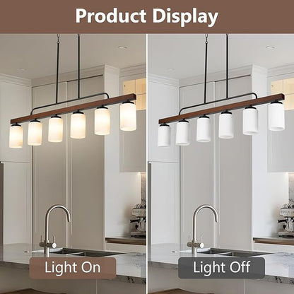 Farmhouse Dining Room Light Fixture Over Table, Black 6-Light Wood Kitchen Island Lighting with Milk White Glass, Industrial Linear Chandelier Pendant Lights