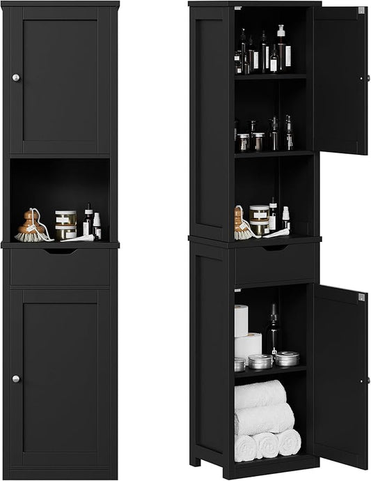 Shintenchi Tall Bathroom Storage Cabinet, Slim Corner Floor Cabinet with Doors and Drawer, Freestanding Narrow Bathroom Organizer with Adjustable Shelves for Small Space, Black