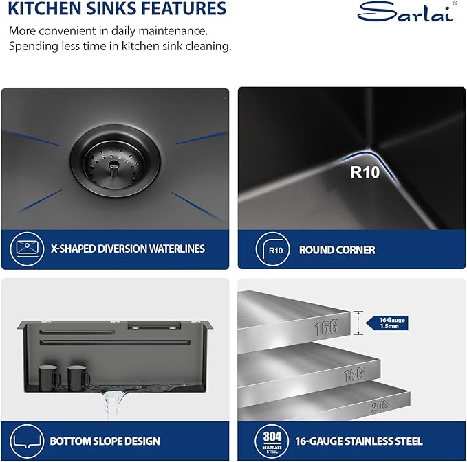 Sarlai black Waterfall Kitchen Sink - 28x22 Black Waterfall Drop In Workstation Sink Stainless Steel 16 Gauge Sinks Multifunction Single Bowl Smart Top Mount Kitchen Sinks with Faucet Combo