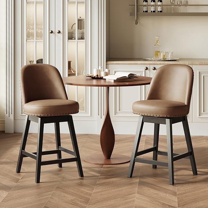 MALOL Swivel Bar Stools Set of 2, PU Leather Mid Century Mondern Barstools, 26 inch Counter Height Bar Chairs with Solid Back and Wood Legs, for Kitchen Island，Brown