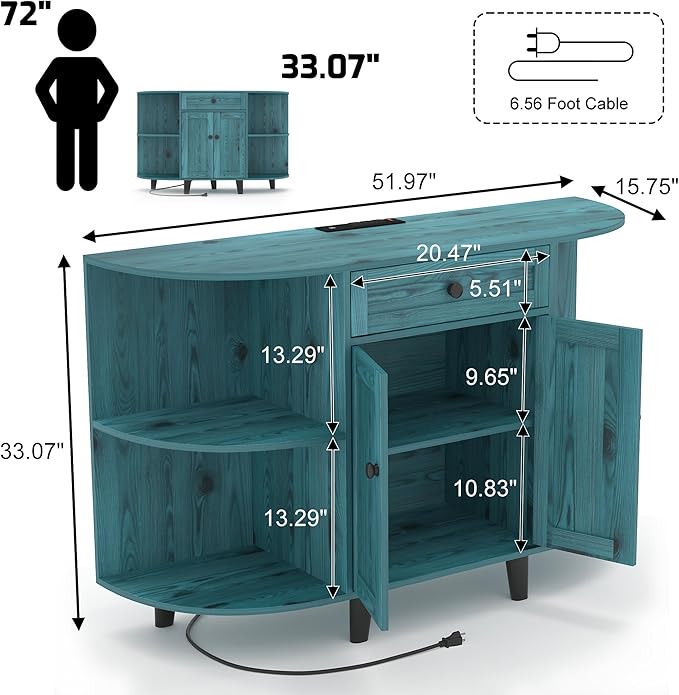 Sideboard Buffet Cabinet with Power Outlet,Freestanding Kitchen Cabinet with Storage,Accent Coffee Bar with Doors,Vintage Blue