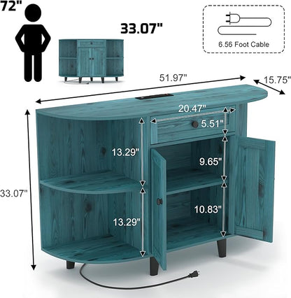 Sideboard Buffet Cabinet with Power Outlet,Freestanding Kitchen Cabinet with Storage,Accent Coffee Bar with Doors,Vintage Blue