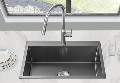 28 x 18 Inch Drop in Kitchen Sink Single Faucet Hole, 18 Gauge 304 Stainless Steel Handmade Single Bowl Topmount Kitchen Sink, Black