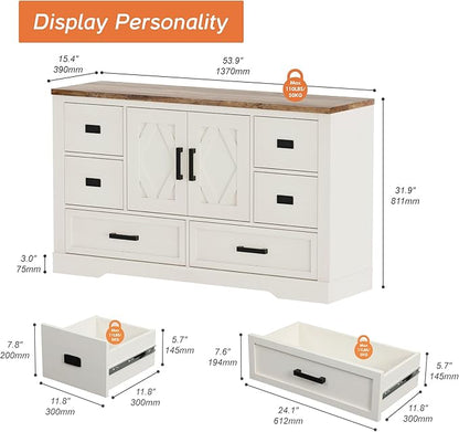WAMPAT 54" W Large Sideboard Buffet Cabinet with Storage,Wood Farmhouse Sideboard Table with Barn Doors and Drawers for Kitchen,Dining Room,Coffee Bar,Antique White