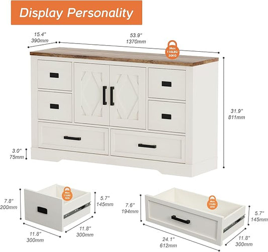 WAMPAT 54" W Large Sideboard Buffet Cabinet with Storage,Wood Farmhouse Sideboard Table with Barn Doors and Drawers for Kitchen,Dining Room,Coffee Bar,Antique White