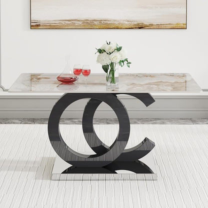 Ebullient 63" Marble Dining Table, Modern Rectangular Glass Kitchen Table, PDLB Marble Top with Black OC Design Base，Dining Room Tables for 4-6，Dinner Table