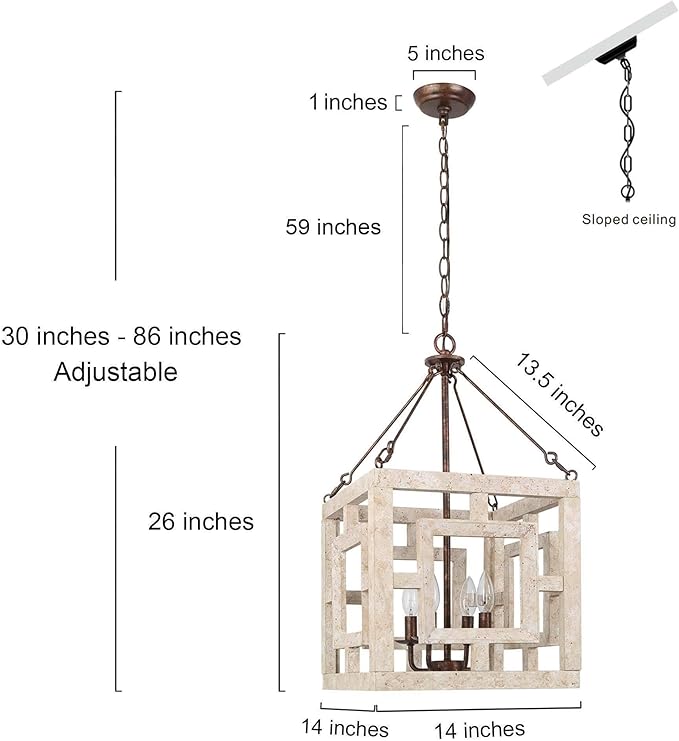 Farmhouse Chandelier, 4-Light Wood Suqure Chandeliers for Dining Romm, Living Room, Foyer and Kitchen Island, Weathered White Wood & Rustic Metal Finish