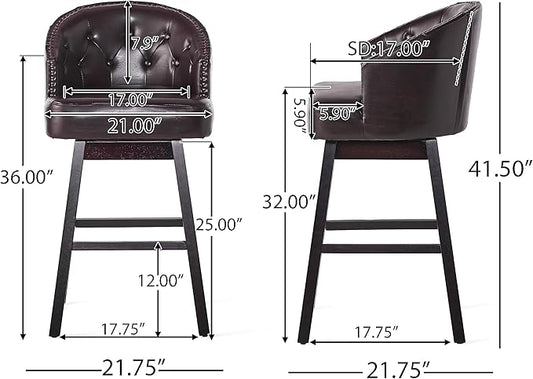 Set of 2 Brown Bar Stools with 360-Degree Swivel, Nailhead Trim & Button-Tufted PU Fabric, Rubberwood Frame for Kitchen Island, Home Bar, and Living Area