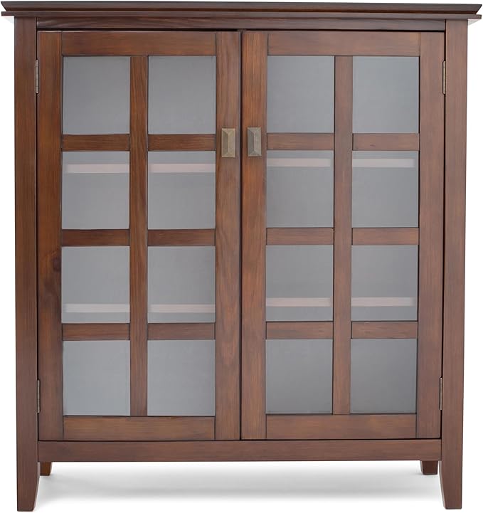 SIMPLIHOME Artisan Storage Cabinet - 38 inch Wide Solid Wood Medium Cabinet in Russet Brown, Transitional Accent Cabinet for Living Room or Dining Room with Glass Doors and Adjustable Shelves
