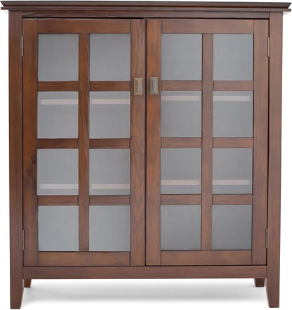 SIMPLIHOME Artisan Storage Cabinet - 38 inch Wide Solid Wood Medium Cabinet in Russet Brown, Transitional Accent Cabinet for Living Room or Dining Room with Glass Doors and Adjustable Shelves