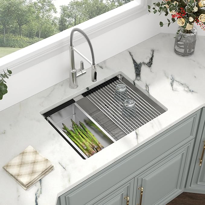Kichae 25 Undermount Kitchen Sink - 25"x19" Kitchen Sink Stainless Steel Ledge Workstation Single Bowl Under Counter All In One Deep Basin Round Corner