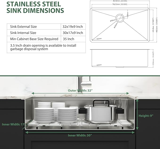 32 Inch Undermount Kitchen Sink Workstation - Couoko 32x19 Inch Undermount Single Bowl Workstation Sink 16 Gauge Stainless Steel Deep Handmade Under Counter Kitchen Sink with Accessories