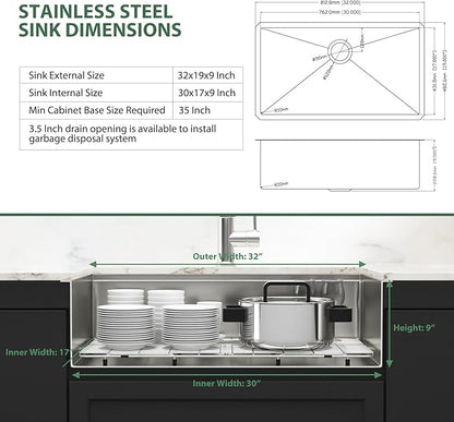 32 Inch Undermount Kitchen Sink Workstation - Couoko 32x19 Inch Undermount Single Bowl Workstation Sink 16 Gauge Stainless Steel Deep Handmade Under Counter Kitchen Sink with Accessories