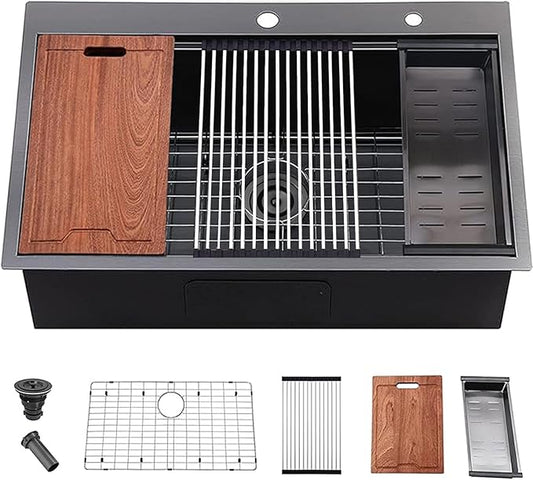 VCCUCINE 33x22 Inch Black Drop In Kitchen Sink,33 Gunmetal Black Single Bowl Stainless Steel Topmount Workstation Kitchen Sink Laundry Sink,Top mount 2 Hole Kitchen Sink with Cutting Board & Strainer