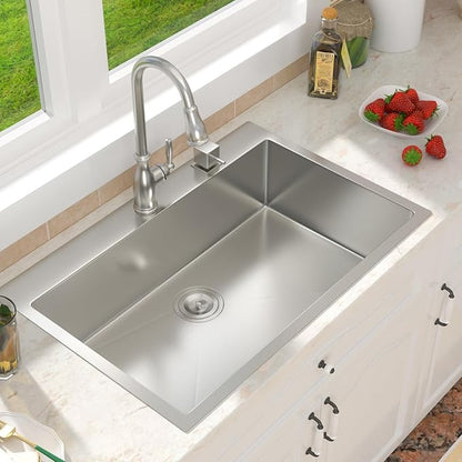 33 Inch Drop in Kitchen Sink-33x22 Drop in Kitchen Sink 18 Gague Topmount Stainless Steel Single Bowl Handmade Sinks Large Deep Basin, 33"x22"x9"
