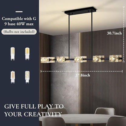 GoBright 10-Light Dining Room Light Fixture, Black Modern Chandelier with Crystal Cube Shade, Industrial Pendant Light Fixtures for Living Room, Bedroom, Kitchen, Bar, Long Table, G9 Base
