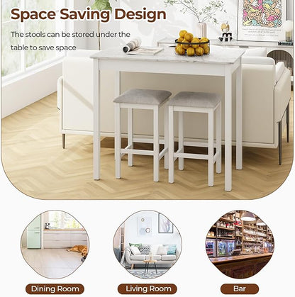 COSTWAY 3-Piece Dining Table Set, Counter-Height Bar Table with 2 Upholstered Bar Stools, Rubber Wood Legs, Anti-Slip Foot Pads, Modern Furniture Set for Dining Room, Kitchen, White+Grey