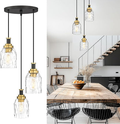 zeyu Adjustable Modern Cluster Pendant Light for Kitchen Island, 3-Light Pendant Lighting, Black and Gold Finish with Water Ripple Glass Shade, ZG33-3 BK+BG-WG