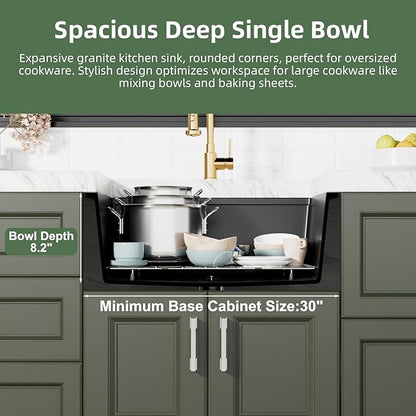 Davivy 27 Inch Black Granite Kitchen Sink Workstation, 27 x 18 Black Undermount/Drop In Kitchen Sink, Deep Quartz Composite Single Bowl with Accessories