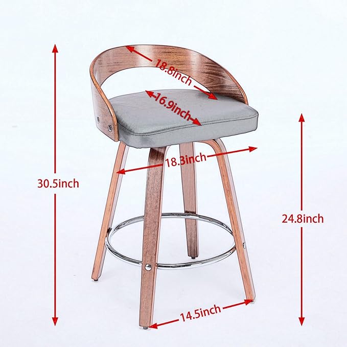 Bar Stools Set of 2, Mid Century Modern Swivel Stools with Low Back, 25" Counter Height Wooden Bar Chairs with Soft Faux Leather Cushion, for Kitchen Island, Bar & Home,Beige