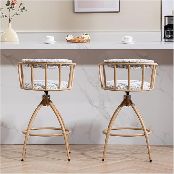 26'' Swivel Counter Height Bar Stool, Set of 2- Fabric Seat with Water Transfer Printed Metal Frame, Modern Industrial Design Bar Chairs for Kitchen Island, Dining Room,for Living Room