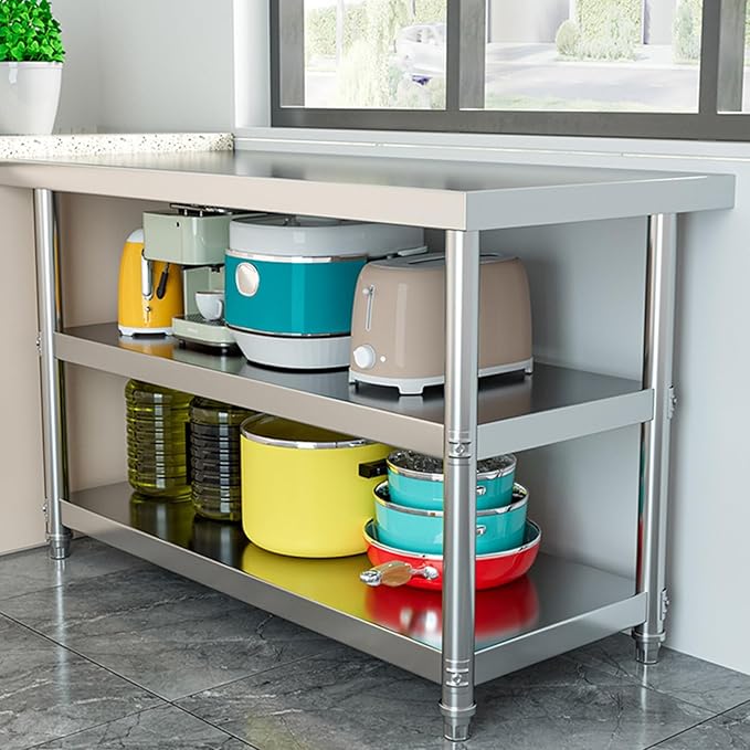 Thickened Stainless Steel Workbench Open Shelf Three Tier Prep Table Commercial Kitchen Metal Table Baking Table(35.4 * 15.7 * 31.5in)