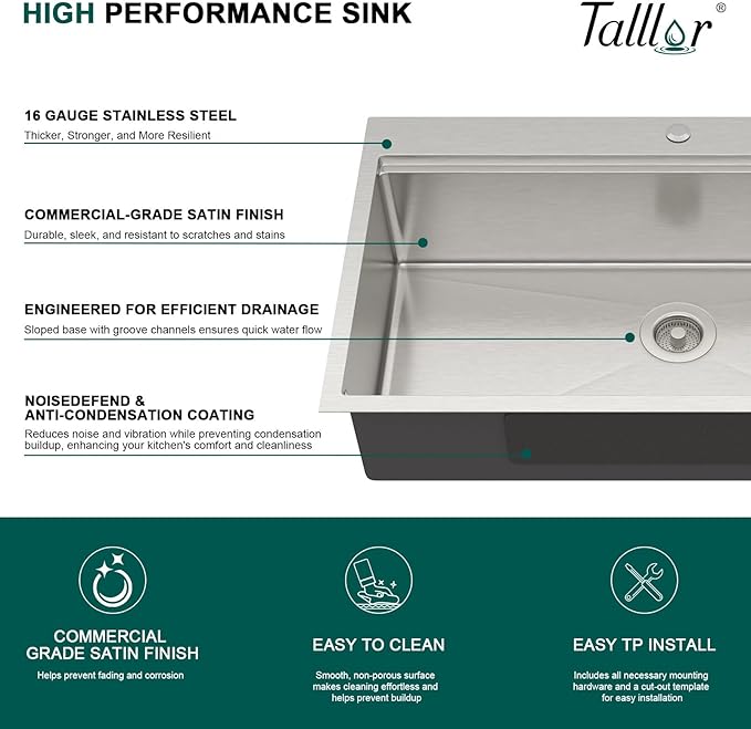 36x22 Inch Drop In Kitchen Sink - Workstation 16 Gauge 304 Stainless Steel Single Bowl Large Three-Holes Sink with Cup Washer, Mixing Bowl, Cutting Board, and Pasta Strainer #TLT-0045