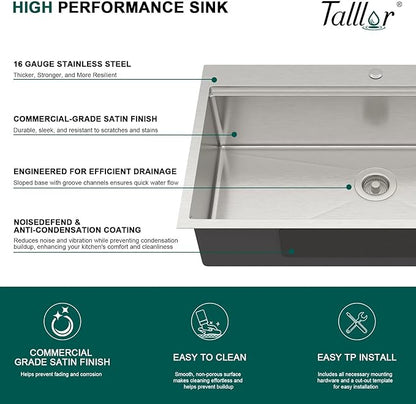 36x22 Inch Drop In Kitchen Sink - Workstation 16 Gauge 304 Stainless Steel Single Bowl Large Three-Holes Sink with Cup Washer, Mixing Bowl, Cutting Board, and Pasta Strainer #TLT-0045