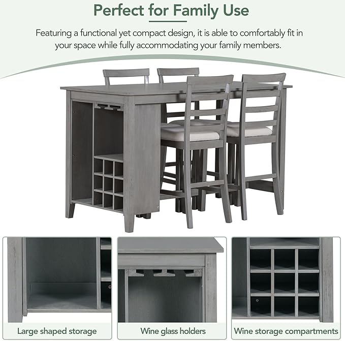 Rubber Wood Kitchen Table Set for 4, Kitchen Island with Bar Wine Compartment, Wineglass Holders for Dining Room, Rustic Style Counter Height Dining Room Table Set for Dining Room, Grey