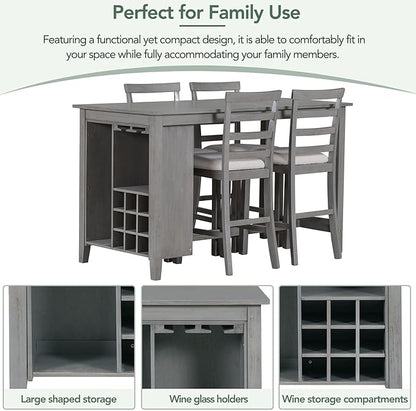 Rubber Wood Kitchen Table Set for 4, Kitchen Island with Bar Wine Compartment, Wineglass Holders for Dining Room, Rustic Style Counter Height Dining Room Table Set for Dining Room, Grey