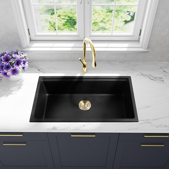 Black Undermount Kitchen Sink 25 Inch - Drop In Granite Quartz Composite Workstation Sink - Deep Single Bowl,Dual Mount,with Accessories（Black, 25.59" X 17.72")