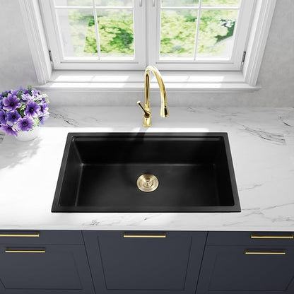 Black Undermount Kitchen Sink 25 Inch - Drop In Granite Quartz Composite Workstation Sink - Deep Single Bowl,Dual Mount,with Accessories（Black, 25.59" X 17.72")