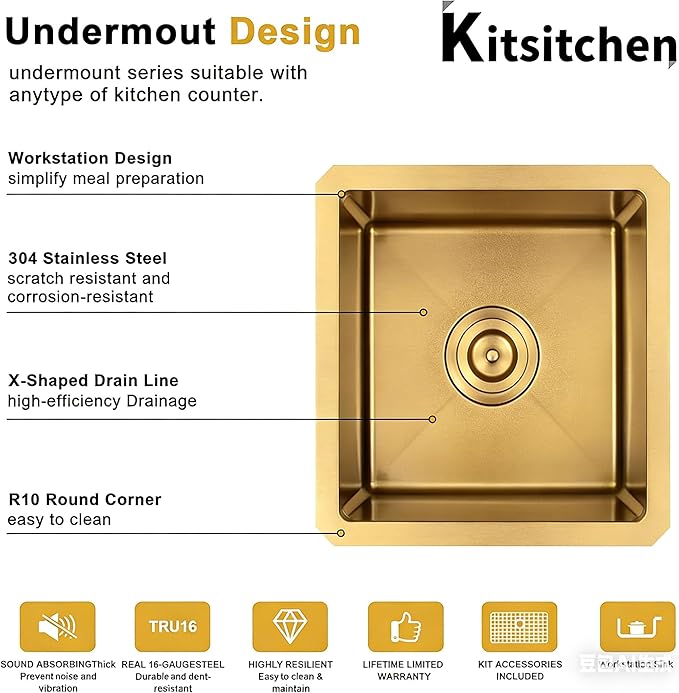 Kitsitchen Gold Bar Sink Undermount, 16 Guage Stainless Steel Workstation Sinks with Accessories, 15" x 17" Small Kitchen Sink for RV,Outdoor, Wetbar,Pre-Bar