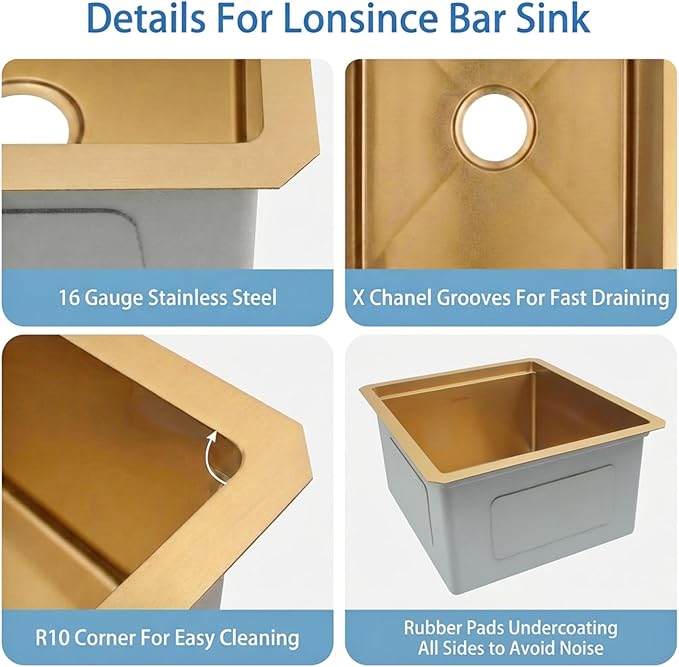 Gold Bar Sink Undermount,Small Bar & Prep Sinks,16 gauge Stainless Steel Bar Sink with Workstation for Wet Bar Area (18" X 18")