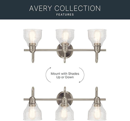 Kichler Avery 24" Vanity Bath Light in Brushed Nickel, Vintage 3-Light Bathroom Wall Mount Fixtured with Clear Seeded Glass, (24" W x 9.25" H), 45973NI