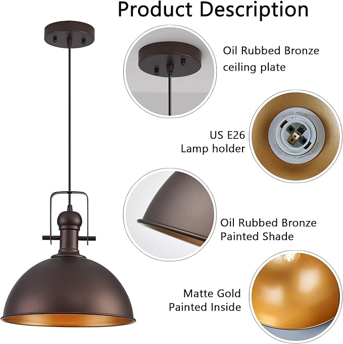 12 Inch Oil Rubbed Bronze Farmhouse Pendant Lights Large Pendant Lights for Kitchen Island Industrial Adjustable Height Vintage Big Dome Hanging Light Fixtures for Barn, Dining Room 2 Packs