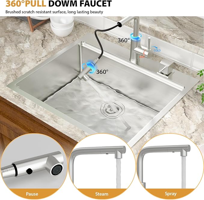 Mocoloo 25 Inch Kitchen Sink with Faucet, 16 Gauge Drop in Workstation Sink - 25x22x9" Stainless Steel Single Bowl Small Rv Kitchen Sink with Pull-Out Faucet