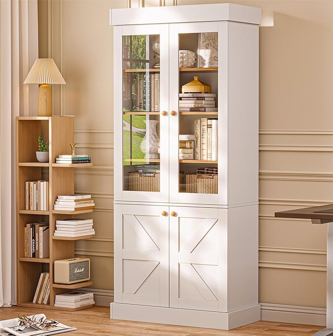 ivaniti 71" Tall Farmhouse Kitchen Pantry, Rustic Large Storage Cabinet with Glass Doors, Adjustable Shelves, Wood Versatile Hutch Cabinet for Dining Room, Living Room, White 2 Pcs