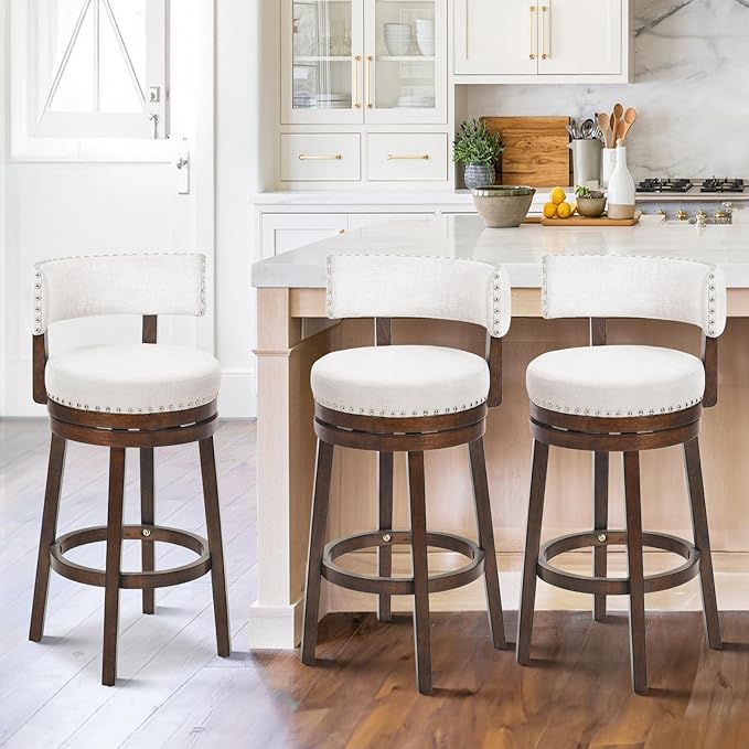 COLAMY Swivel Bar Stools Set of 3, Counter Height Barstools with Back, 30 Inch Modern Upholstered for Kitchen Island, Beige