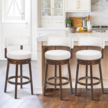 COLAMY Swivel Bar Stools Set of 3, Counter Height Barstools with Back, 30 Inch Modern Upholstered for Kitchen Island, Beige