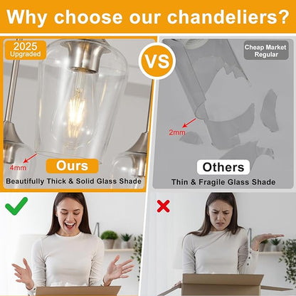 38" Dining Room Light Fixture/Chandelier Over Table, 8-Light Brushed Nickel Kitchen Island Lighting with Clear Glass Shade, Modern Hanging Pendant Lights Fixture for Kitchen Island, Dining Room, Bar